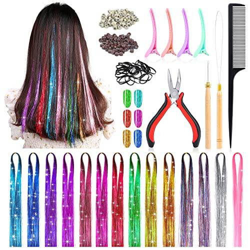 Mckanti 14 Colors Hair Tinsel Kit with Tool, 47 inch 2800 Strands Tinsel Hair Extensions for Women Girls, Fairy Hair Tinsel Glitter Sparkling Shiny Colorful Synthetic Hair for Party Daily Life Fashion