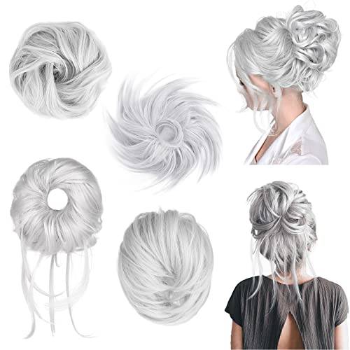 Messy Bun Hair Pieces, HOOJIH 4 Pieces Messy Bun Straight Bun Hair Pieces for Women Wavy Tousled Updo Short Ponytail Hair Extensions Hair Scrunchies Large Bun with Elastic Band - Silver Gray