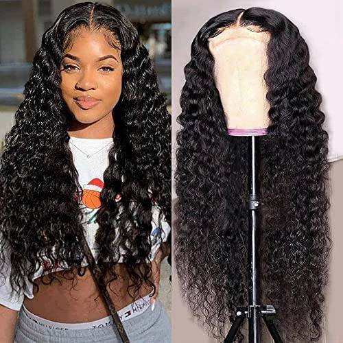Jasperel Deep Wave Closure Wig Human Hair 4x4 Lace Front Wig Curly Human Hair Wigs for Women Brazilian Hair Pre Plucked Bleached Knots Wet and Wavy Natural Black 18 Inch