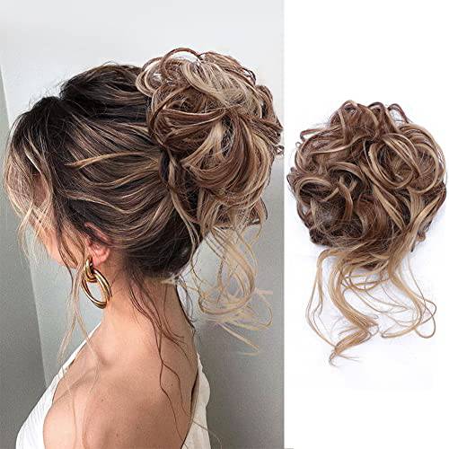 Messy Bun Hair Piece Tousled Updo Hair Buns Extension Elastic Hair Band Hair Pieces Curly Hair Bun Scrunchie For Women (Brown Mix Ash Blonde)