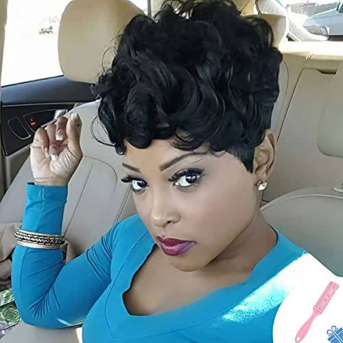 MOONSHOW Black Pixie Cut Wig Short Pixie Wigs for Women Short Black Curly Pixie Wigs Natural Wavy Synthetic Hair Wigs Short Curly Layered Pixie Wig for Women