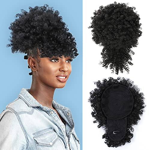 Fayasu Afro Puff Drawstring Ponytail with Kinky Curly Hair Clip in Bangs Short Ponytail Hair Extensions Updo Hairpieces for Black Women (1B)