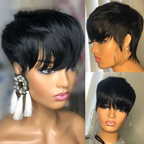 100% Brazillian Virgin Human Hair Pixie Cut with Bangs Natrual Black Color for Black Women Non Lace Beginner Friendly Full Machine Made (Short Pixie,Model Length)