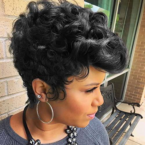 Natural Black Short Pixie Cut Wigs for Black Women Curly Hair Replacement Short Black Layered Wavy Pixie Wigs With Bangs for Black Women ( Natural Black 1B)