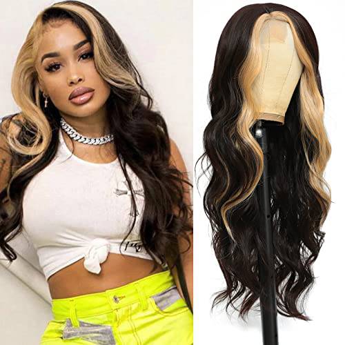 Long Wavy Wigs for Women Black Highlighted Wig Body Wave Synthetic Lace Wig 28inch Black Wig with Blonde Streaks Highlight Wig Heat Resistant Curly Wavy Side Part Wig