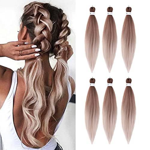 Pre-Stretched Braiding Hair Extensions 26 Inch 6 packs Ombre Braiding Hair Hot Water Setting Professional Soft Yaki Synthetic Crochet Braids（Ombre Brown）