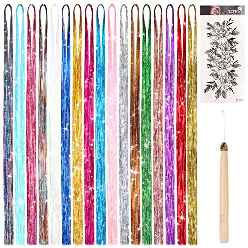 SYGY Hair Tinsel, 17 Colors Tinsel Hair Extensions Heat Resistant, 47 Inches Fairy Hair Tinsel Kit, 3400 Strands Sparkle Hair Extensions Glitter Hair for Halloween Cosplay Christmas New Year Party