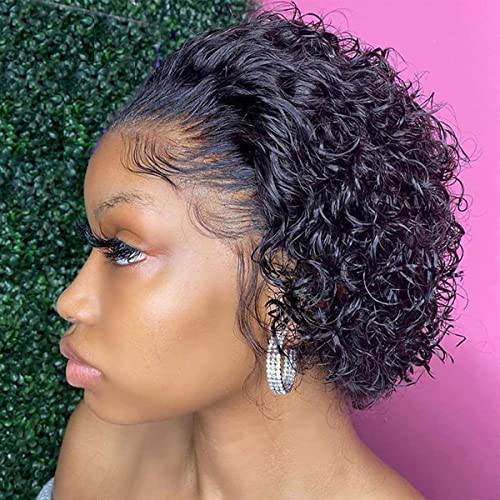 SIZIFEE 8 Inches Short Curly Lace Front Wigs Human Hair 13X1 Pixie Cut Short Curly Human Hair Wigs For Black Women HD Lace Front Wigs Human Hair Plucked Bleached Knots (natural color)