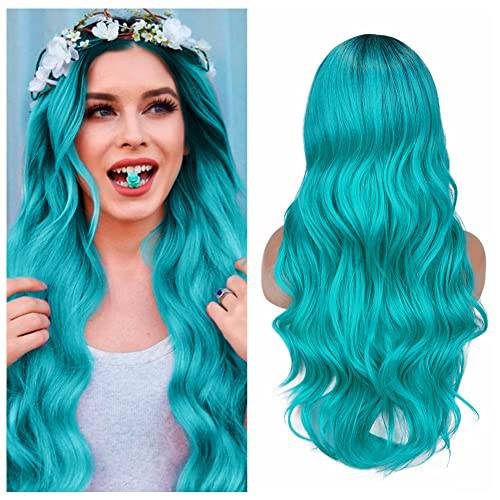 Quantum Love Teal Blue Wigs for Women Omber Bluish Green Long Wavy Side Part Wig Heat Resistant Curly Wavy Synthetic Wig Mermaid Wigs for Girls Daily Party Use