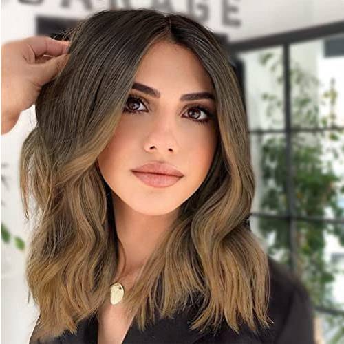 AISI HAIR Short Wavy Brown Wig for Women Synthetic Ombre Brown Bob Wavy Wigs for Daily