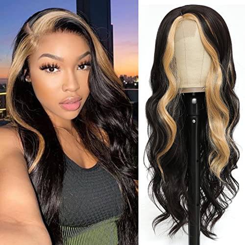 26 Skunk Stripe Body Wave Long Wavy Synthetic Hair Wig for Women Side Part Wig Highlight Synthetic Wig Natural Looking Realistic Wig (27Mixed Black)