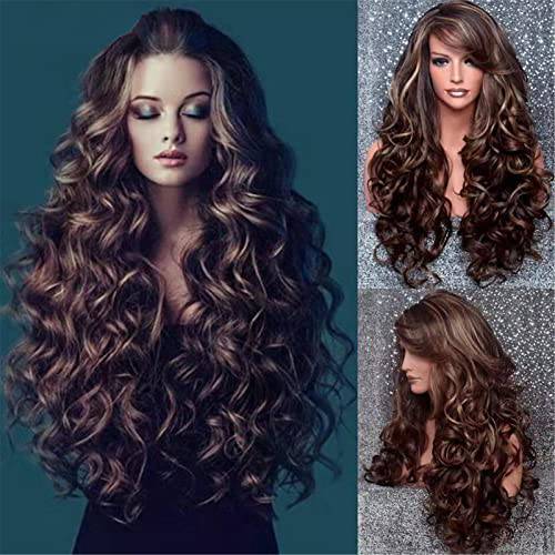 Brown Ombre Long Wave Wigs for Women, Brazilian Body Wave Wigs Natural Look Wave Curly Hair Hair Pre Plucked Soft Comfortable Wigs - 25 In…