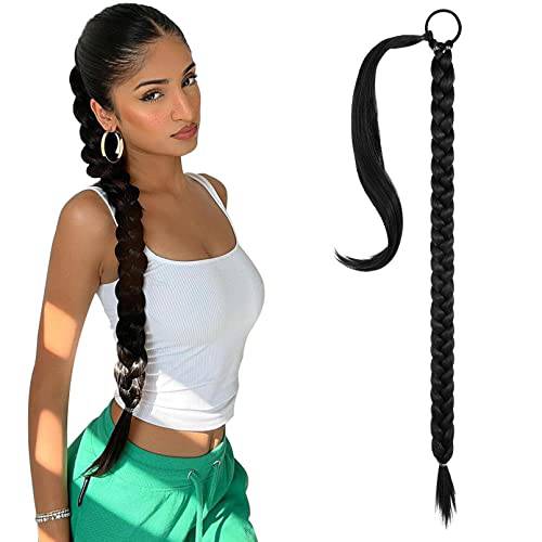 SEIKEA Long Braided Ponytail Extension with Hair Tie Straight Wrap Around Hair Extensions Ponytail Natural Soft Synthetic Hair Piece for Women Daily Wear 34 Inch 150 Gram Black
