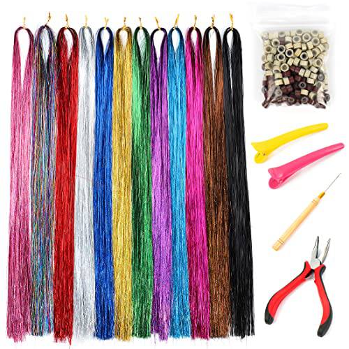 Hair Tinsel Kit With Tools 47Inch 13Colors Glitter Hair Tinsel 2600 Strands Streak Bling Colored Hair Extensions Tinsel Heat Resistant For Women Girls Sparkling Party Christmas Fairy Hair Tinsel Extensions (13 pcs/pack)