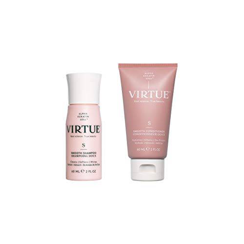 VIRTUE Smooth Shampoo & Conditioner Set | Travel Size | Alpha Keratin Smooths Frizzy, Coarse, Curly Hair | Sulfate Free, Paraben Free, Color Safe