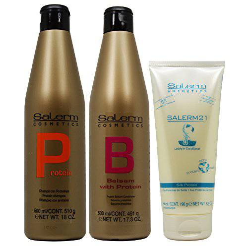 Salerm Protein Shampoo 18oz + Protein Balsam Conditioner 17.3oz + Salerm 21 B5 Silk Protein Leave-in Conditioner 6.9oz