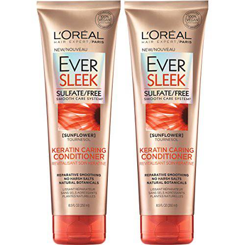 L’Oreal Paris EverSleek Keratin Caring Conditioner, with Sunflower Oil, 2 Count (8.5 Fl Oz each)
