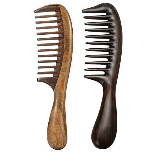 Louise Maelys 2pcs Wooden Wide Tooth Comb for Curly Thick Hair Anti-Static Black & Green Sandalwood Detangler Hair Comb for Women Men