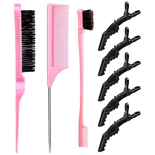 3 Pieces Teasing Brush Set Bristle Hair Brush 3 Row Teasing Brush Dual Edge Brush Sturdy Styling Comb Parting Comb for Brushing, Combing, Slicking Hair for Stylist Women (Pink-1)