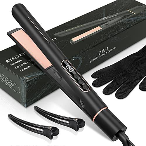 Hair Straightener and Curler 2 in 1, Straightens & Curls Any Hair Type Flat Iron, Negative Ions + Argan Oil Ceramic Double Nourish Hair, Temp Adjustable[LCD 265°F-450°F], Safe and Anti-Scalding