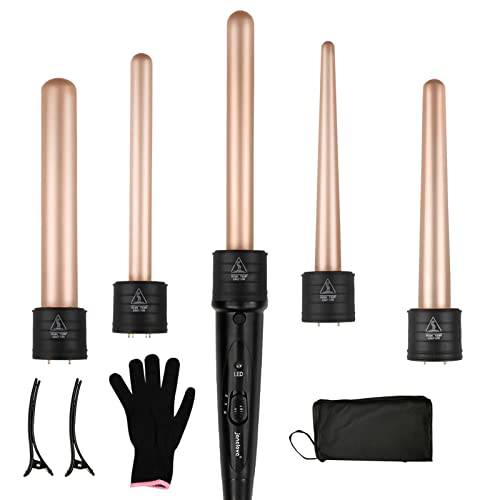 5 in 1 Wand Curling Iron Set - Janelove Ceramic Hair Curling Iron 1-1/4 , 410℉ Natural Looking Waves Curling Wand Set for Long Hair with Glove & 2 Hair Clips - Gold