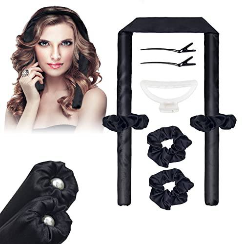Heatless Hair Curlers, Upgraded Segmented Design Heatless Curling Rod Headband, No Heat Curl Ribbon with 2pcs Hair Clips and Scrunchie, Soft Silk Sleeping Curls Ribbon Hair Styling Tools Kit (Black)