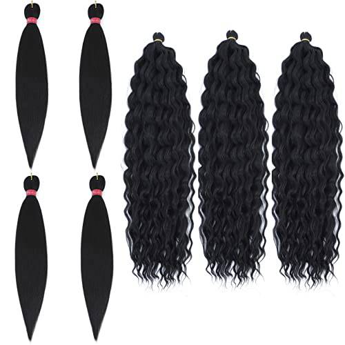 4 Packs 26 Inch Pre-stretched Braiding Hair, 3 Packs 22 Inch Pre-separated Deep Twist Crochet Hair for Bohemian Box Braids, Deep Wave Twist Braids Hair (Pack of 4+3, 1b)