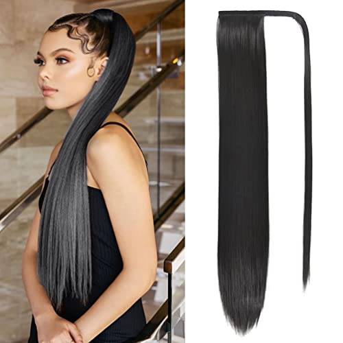 Long Straight Ponytail Extension Clip in , 32 Inch Wrap Around Ponytail Heat Resistant Synthetic Pony Tail Hair Extainson Black Hair Ponytails for Women Girls (Natural Black)