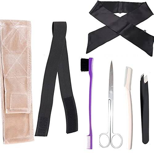 Wig Kit for Lace Front Wigs for Beginners 7Pcs, Lace Melting Elastic Band for Wigs, Edge Laying Scarf with Eyebrow Razors, Tweezers, Edge Brush, Wig Grip Headband, Mini Scissors, Wig Install Kit