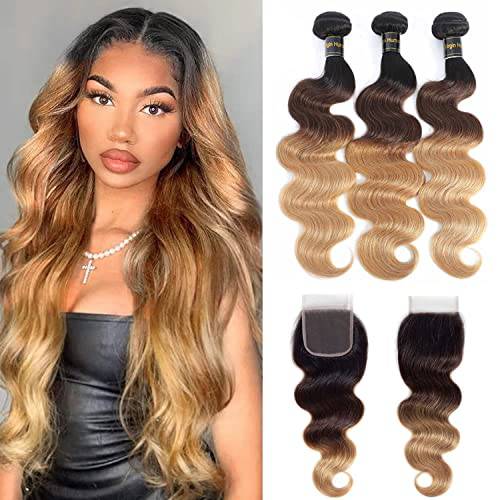 Shining Girl 12A Ombre Body Wave Bundles With Closure Brazilian Virgin Remy 100% Human Hair Ombre 3 Tone T1B/4/27 Color Body Wave Human Hair Extensions 3 Bundles with 4x4 Lace Closure Free Part (14 16 18+12, 1B/4/27)