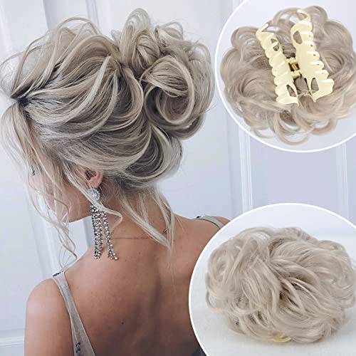 DeeThens Messy Bun Hairpiece for Women Clip in Claw Curly Wave Ponytail Extension Synthetic Updo Hair Buns Chignon for Daily Wear (Platinum Blonde)