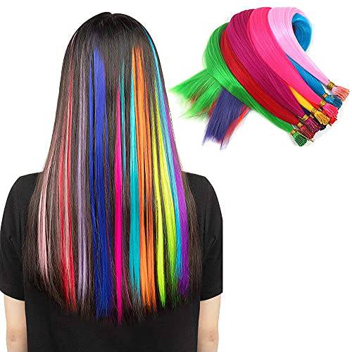 90-100 Strands 20 I Tip Colored Hair Extensions Party Colors Hair Extensions Kit Feather Hair Extensions Microlink Hairpieces Long Straight Hairpieces Synthetic Heat Resistant Highlight Feather Micro Ring Hair Accessories (Multi-Colored)