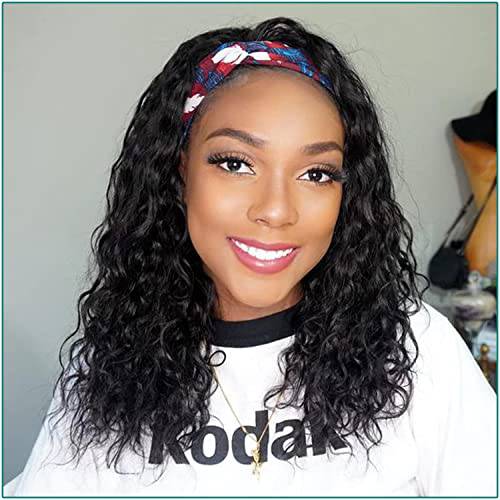 FAERYLE Curly Headband Wigs for Black Women, 14 Synthetic Wig with Headband Attached - Natural Color Headband Wig Heat Resistant