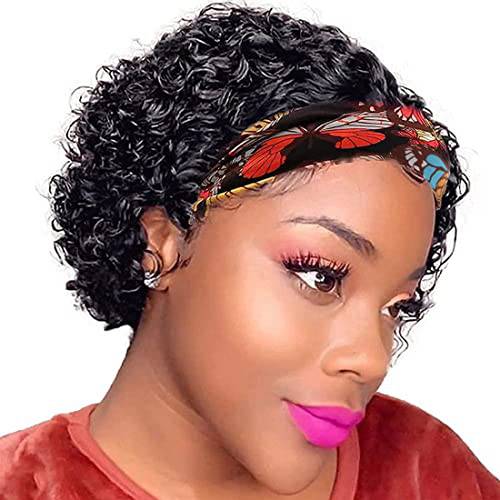 Short Curly Hair Headband Wigs for Black Women Pixie Cut Curly Bob Wig Glueless Half Wigs 150% Density Natural Black 6 Inch (6inch, 1B)