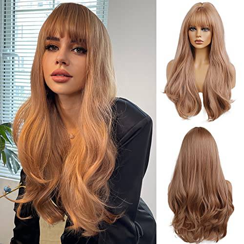 OUFEI Long Wavy Strawberry Blonde Wig with Bangs for Women Natural Synthetic Hair Heat Resistant Wigs for Daily Party Cosplay Wear- 24 Inches (LC8010)