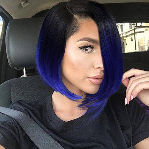 Quick Wig Short Bob Wig Ombre Wig Black to Blue Side Part Cosplay Party Wig 14 inches Bowl Cut Wig Heat Resistant Fiber Synthetic Wigs for Women Sapphire Blue