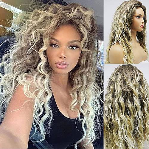Wavyvigs Long Blonde Wavy Wigs for White Women Fluffy Soft Loose Curly Ash Blonde Curly Wig Natural Chic Dark Messy Root Synthetic Ombre Long Blonde Wig No Lace