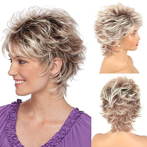 LEOSA Short Blonde Pixie Cut Wigs with Bangs for White Women,Brown Ombre Blonde Wig Synthetic Wavy Curly Hair Wigs Mixed Brown Wigs Layered Natural Fluffy Heat Resistant