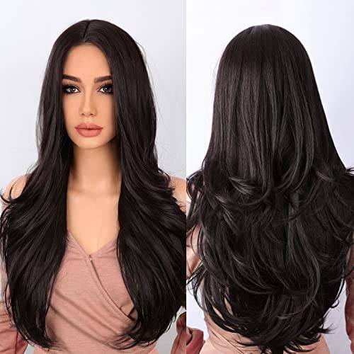 ORSUNCER Long Dark Black Brown Wigs for Women Layered Synthetic Hair Black Brown Wigs Middle Part Wig Natural Looking Wigs for Daily Party Wig