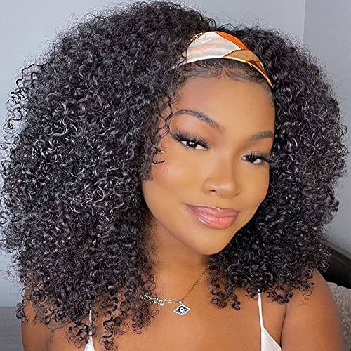 ISEE Hair Afro Kinky Curly Headband Wig Human Hair 180% Density Afro Wigs for Black Women Natural Curls 10A Glueless Human Hair Wigs (18 Inch)