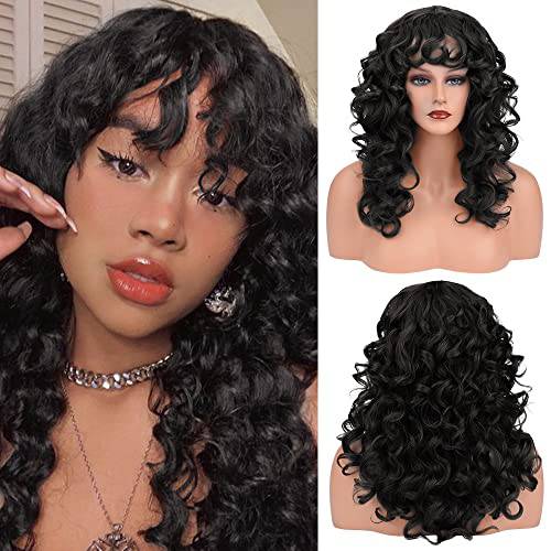REECHO Curly wigs with Bangs, Brown Shag Haircuts Wig Synthetic Hair Replacement Wig for Women Daily Use Party Cosplay - 20 Inch Black