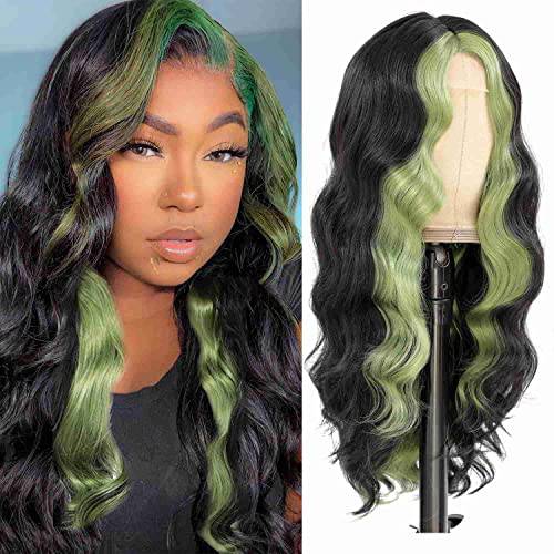 Green Skunk Stripe Wig Synthetic Highlight Lace Wig 22inch Long Wavy Ombre Wigs for Black Women Middle Part Fake Scalp Body Wavy Wig