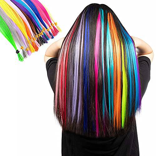 100 Strands 20 Party Colors Hair Extensions Kit +100 Micro Beads+ Micro Pulling Needle I-Tip Long Straight Hairpieces Synthetic Heat Resistant Highlight Feather Micro Ring Hair Accessories (10 Mix-colors, I-Tip Hair Extensions Kit)