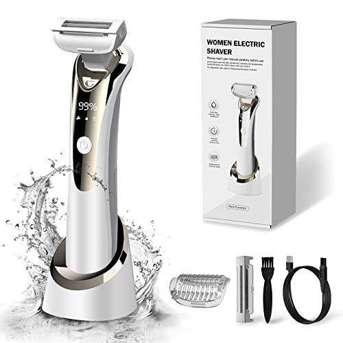 Electric Razors for Women, SURPN 2022 Upgraded Waterproof Safe and Fast Electric Shaver for Women Pubic Hair Legs Bikini Sensitive Skin, 15°Flexible Head Close Smooth Shave, Extra Shaver Head Included