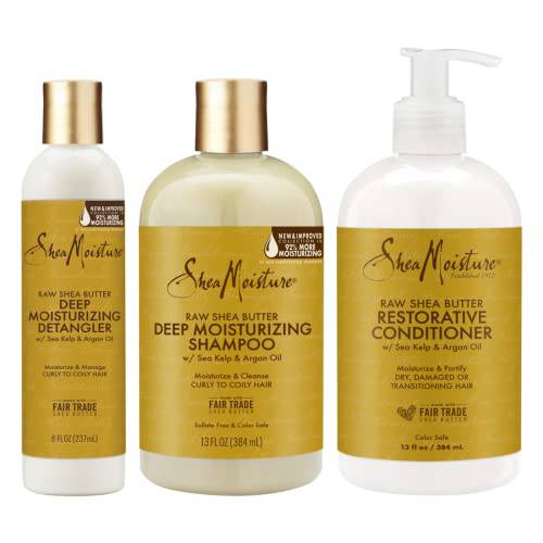 SheaMoisture Deep Moisturizing Hair Care For Curly, Dry and Damaged Hair Raw Shea Butter Sulfate Free Shampoo and Conditioner, Hair Detangler with Sea Kelp and Argan Oil