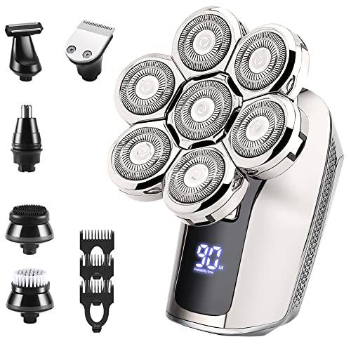 Electric Head Shavers for Bald Men: 6 in 1 Rechargeable Beard Nose Hair Trimmer with Clipper Guards Mens Shaving Grooming Kit Cordless Rotary Face Shavers Waterproof Men’s Bald Head Razor Wet and Dry