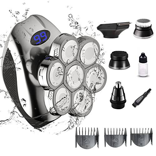 7D Head Shaver, SIWIEY 5 in 1 Head Shavers for Bald Men with 7 Wet & Dry Rotary Heads, LED Display, Anti-Pinch and IPX6 Cordless and Rechargeable Rotary Shaver Grooming Kit