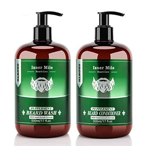 Beard Wash and Conditioner Kit (17oz) Natural Mint Beard Shampoo Conditioner Kit, Fathers Gifts for Dad Him Men, Beard Shampoo Set w/Beard Oil Conditioner Cleanse Smooth Soften Strengthen