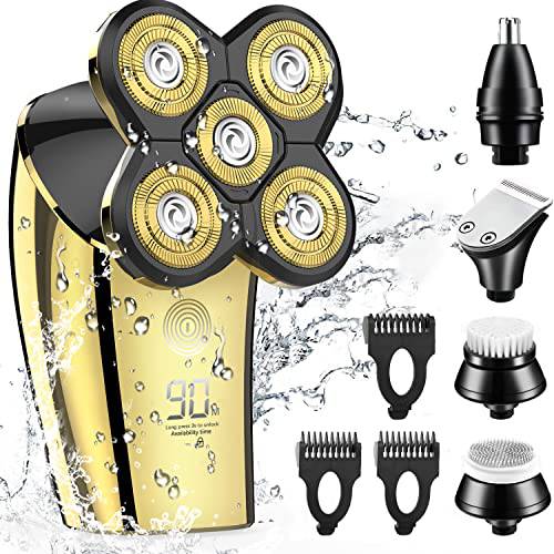 Electric Head Shavers for Bald Men, 5 in 1 Bald Head Shavers for Men Wet Dry, Men’s Head Shaver Head Razors Electric Shavers Cordless Rechargeable Waterproof Electric Razor Shaving Grooming Kit, Gold