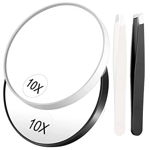 Milishow 10X Magnifying Mirror with Eyebrow Tweezers, Portable 3.5 Two Suction Cups Magnifier Facial Makeup Magnifier Mirrors Travel Set for Women Men. (Black & White)